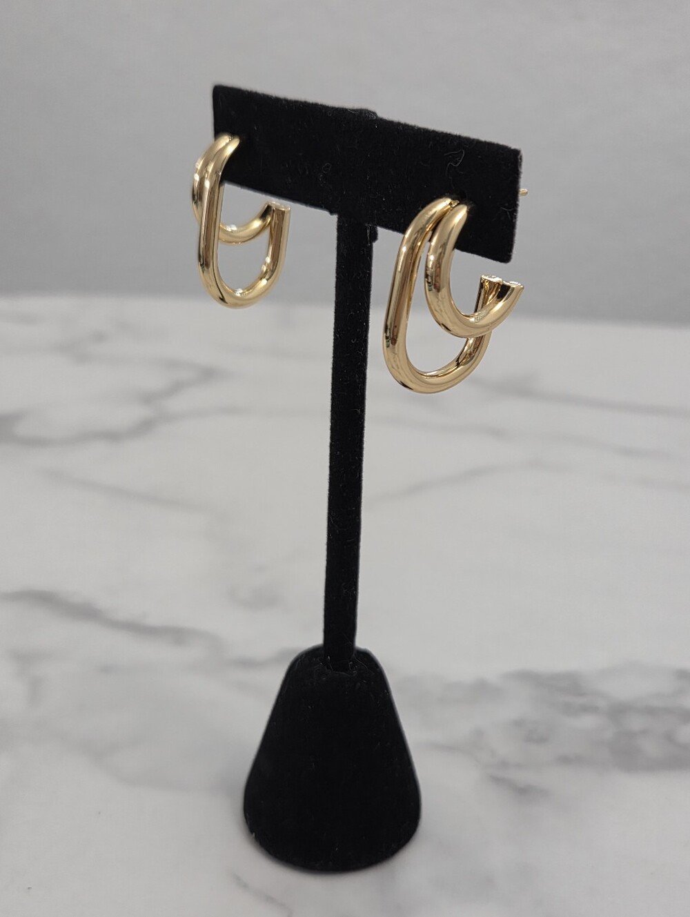 Gold Double Hoop Earrings Chubby Oval Huggie Hoops Statement - Picture 9 of 12